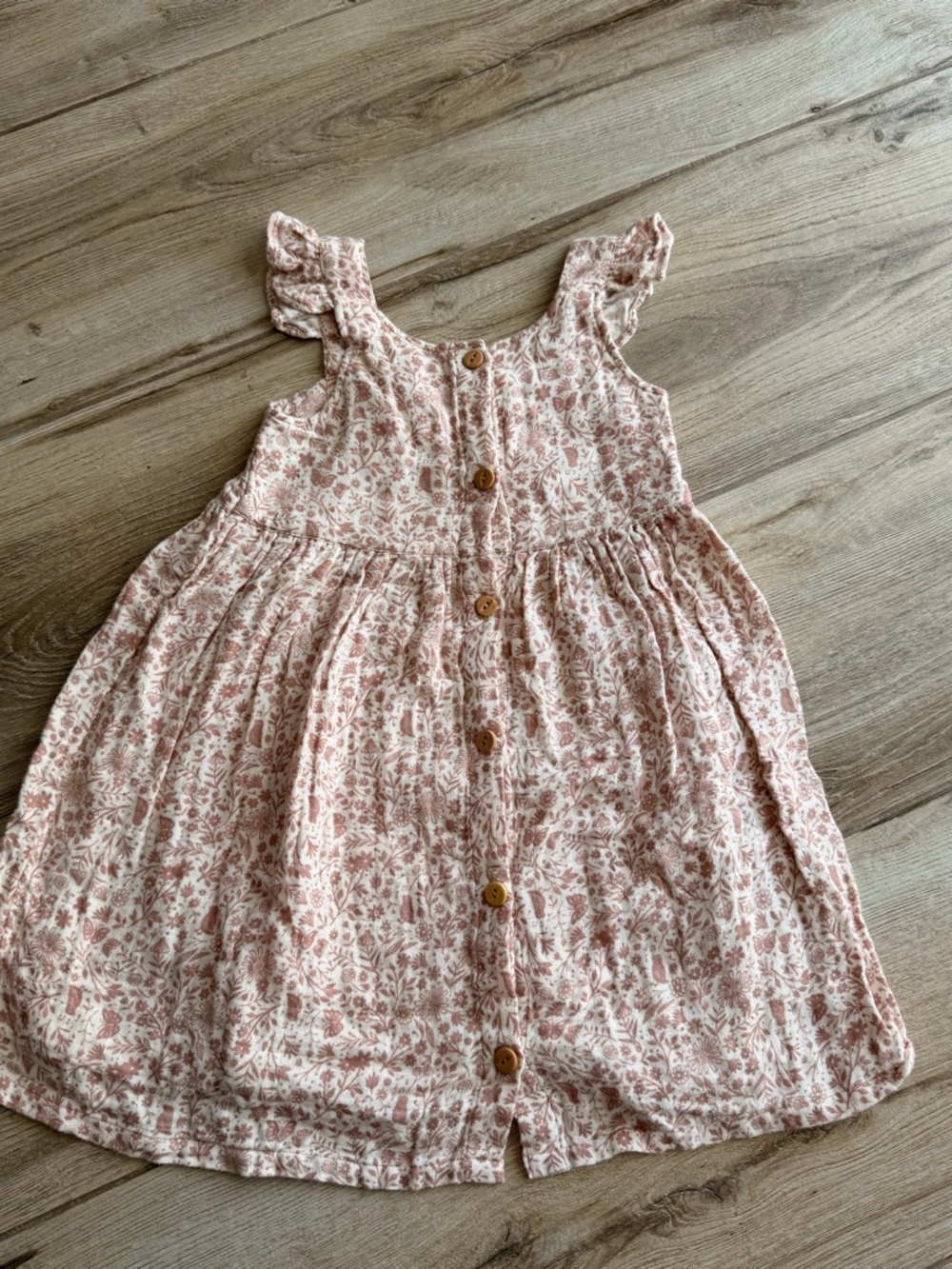 Girls' Floral Button-Front Pink Cotton Dress with Ruffle Sleeves